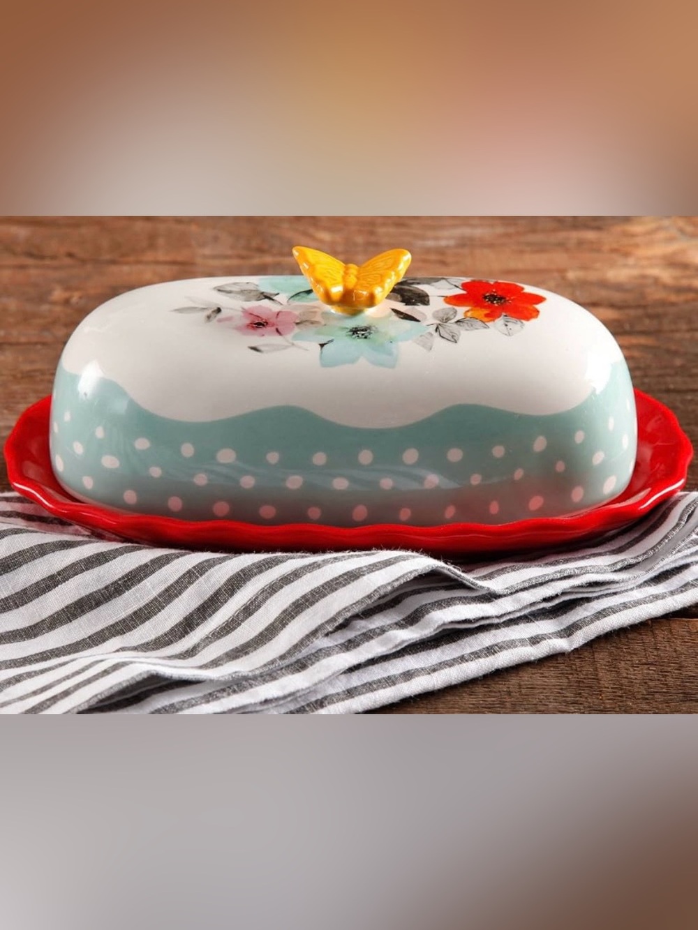 Pioneer Women Butterfly-Top Ceramic Butter Dish in Mint, Red and White